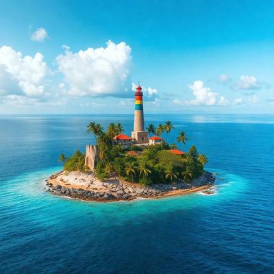 Primary subject: A small island with a lighthouse on top.

Setting/background: The island is surrounded by a large body of water, with a cloudy sky above.

Visual style: The image is a photo of the island and lighthouse.

Colors and mood: The colors in the image are predominantly blue and green, with the lighthouse being yellow and red. The overall atmosphere is serene and picturesque.
